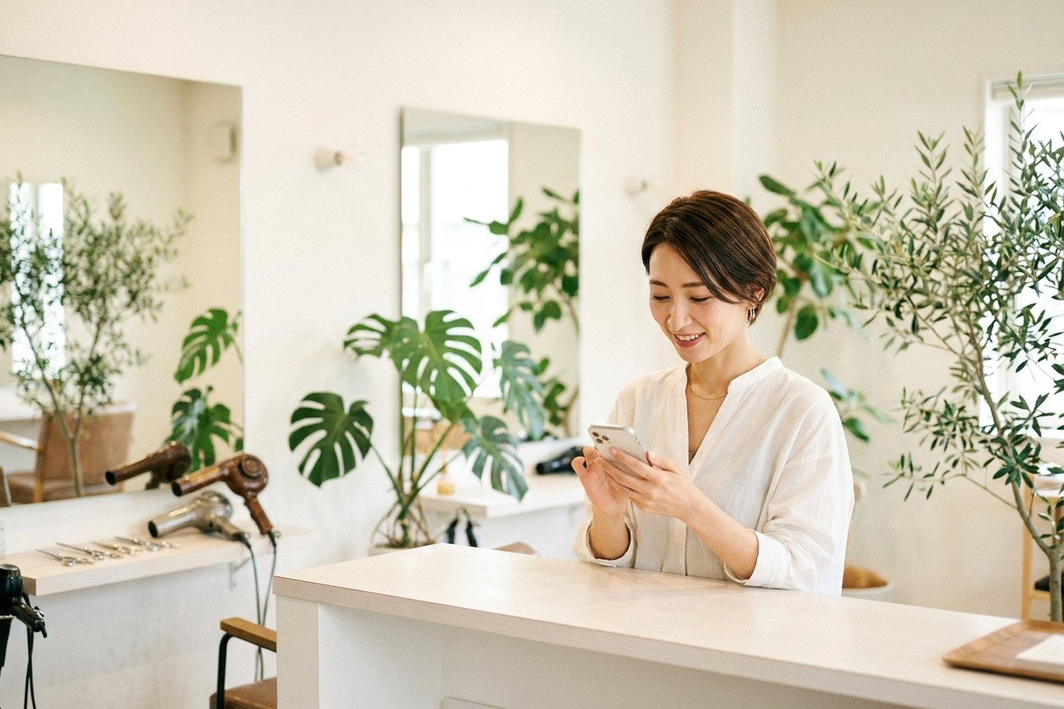 美容室のオーナーが、受付でスマートフォンを手に自店のGoogleマップのプロフィールを確認しているイメージ