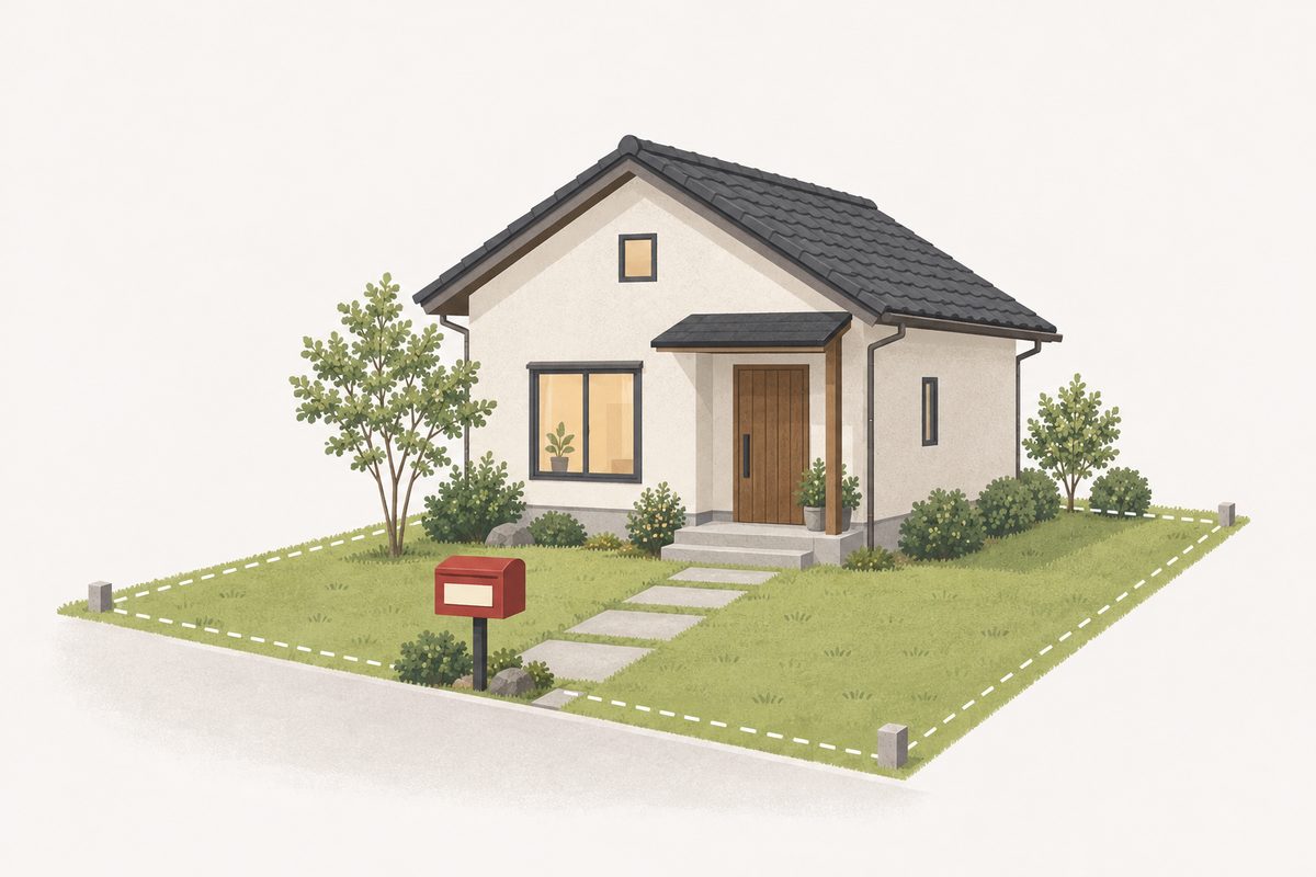土地の上に建つ家と郵便受けのイラスト