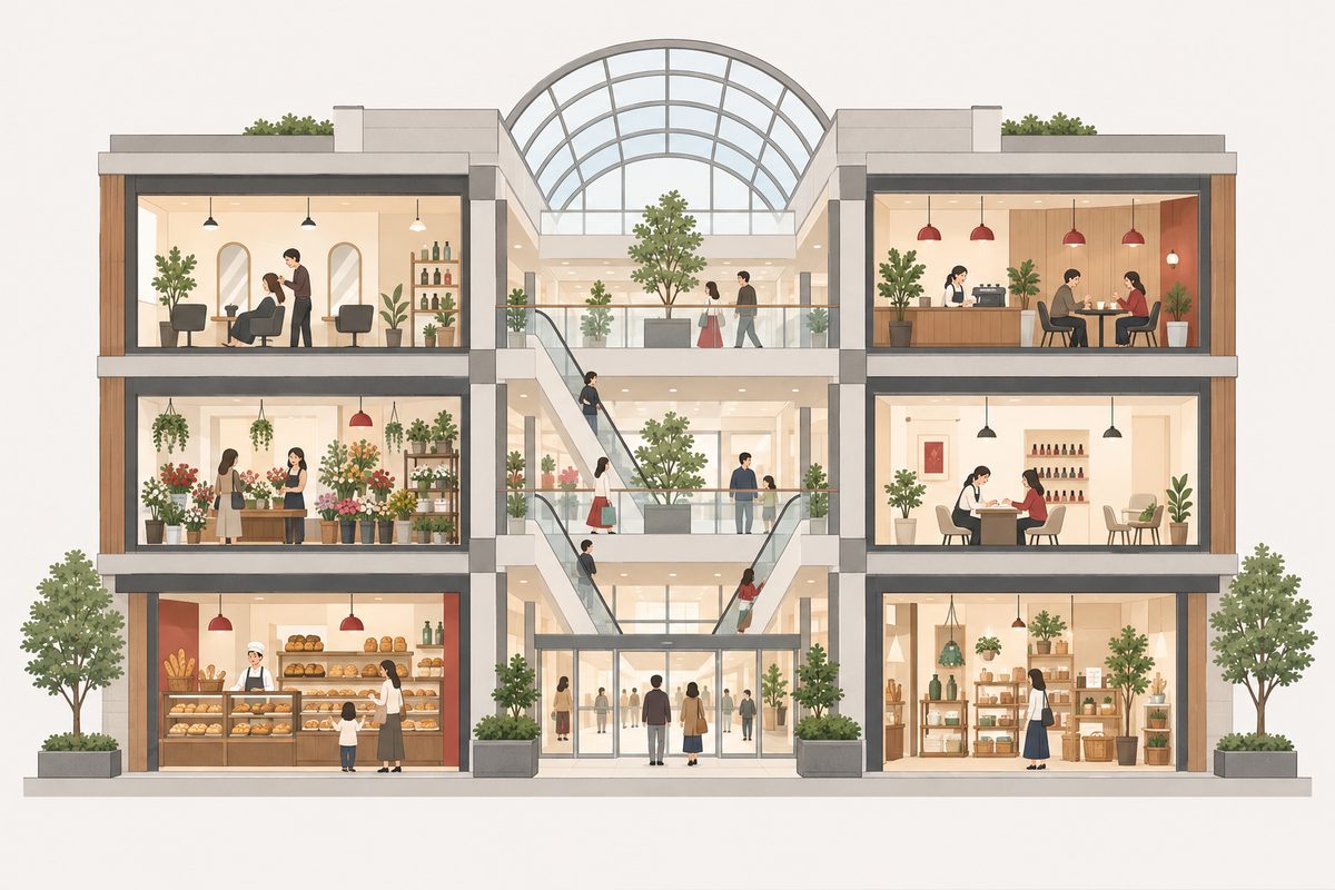 たくさんのお店が入ったショッピングモールの断面のイラスト