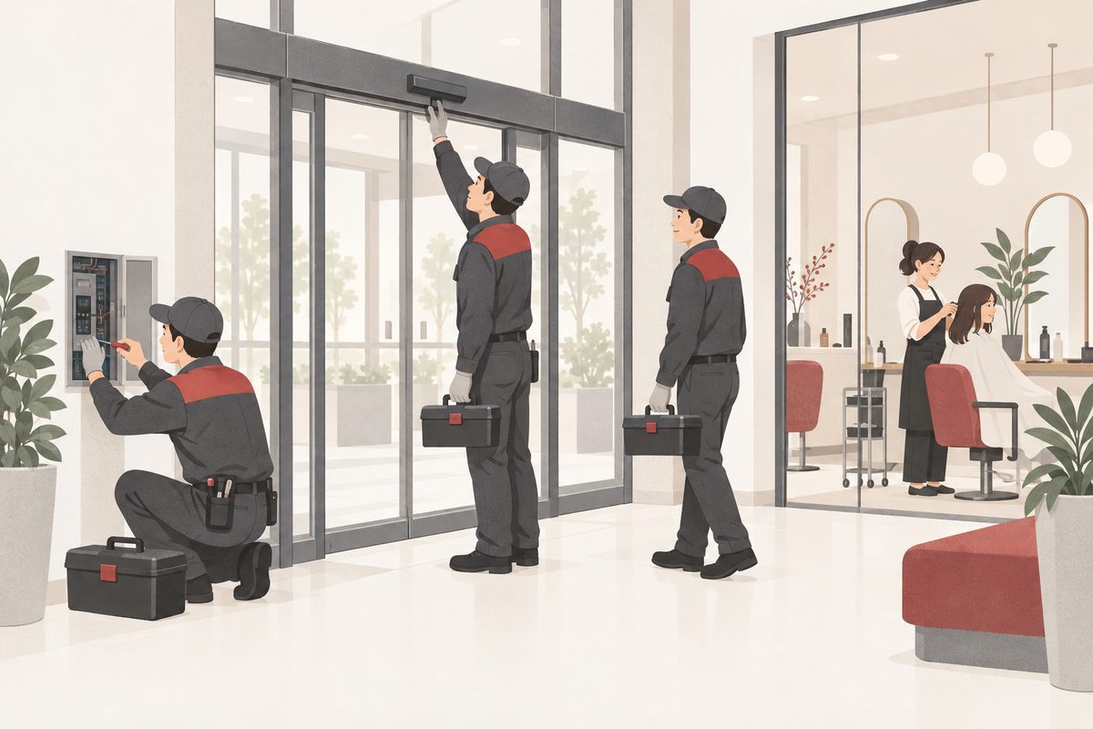 管理会社の作業員が入口の設備を修理しているイラスト