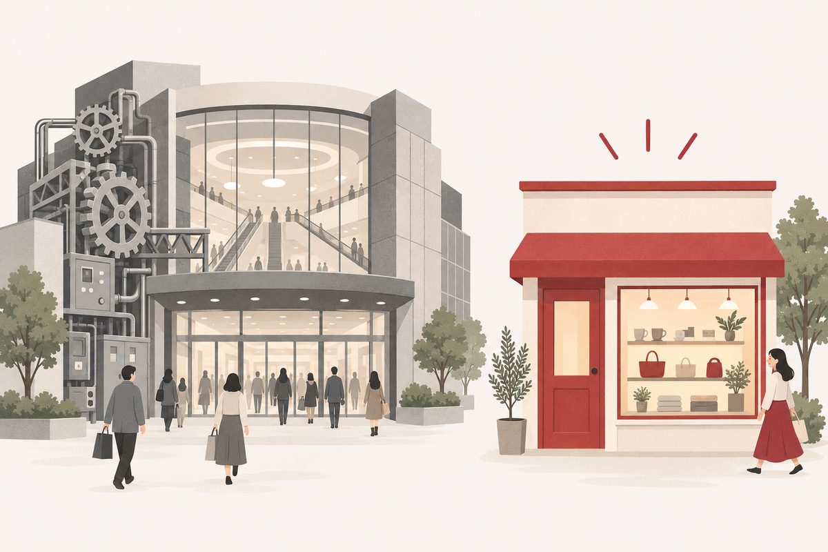 機械の多いショッピングモールと、シンプルな路面のお店を比べたイラスト